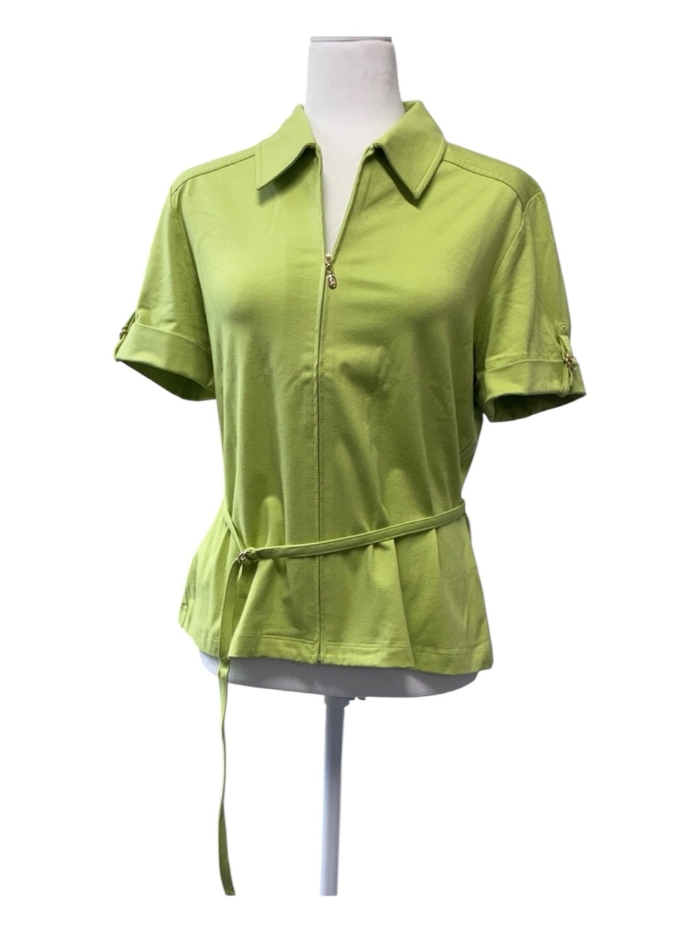 Lime Green Short Sleeve Button-Front Shirt with Self Tie Belt